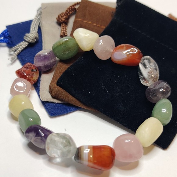 MIXED STONES STRETCHY NUGGET BRACELET NATURAL STONE w/ FREE FELT POUCH-NB26 - Picture 1 of 8